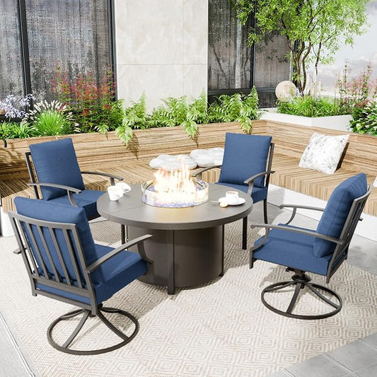 Kullavik 5 Piece Metal Outdoor Patio Furniture Set with Fire Pit Table,Outdoor Dining Table Set with 2 Fixed Chairs,2 Swivel Chairs and 55000 BTU Outdoor Round Fire Pit,Navy Blue