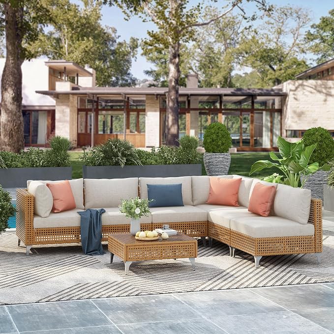 YOPTO 7-Piece Outdoor Conversation Sectional Sofa Set with Water Resistant Thick Cushions & Coffee Table,Wicker Patio Furniture Set W/Removable Cushions Cover,DIY Combination,for Porch,Backyard,Beige