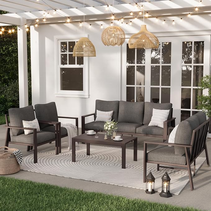 Aluminum Patio Furniture Set 5 Pieces Modern Patio Conversation Sets for Porch, Deck, Garden, 7-Seat Outdoor Furniture Metal Sofa Set with 4" Water-Resistant Cushion & Coffee Table,Gray