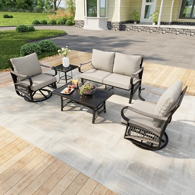 5 Pieces Outdoor Conversation Set, Rope Patio Furniture Sets Metal 2 Swivel Rockers with Side Table Loveseat Sofa with Coffee Table, Beige Cushions