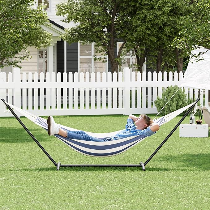 Double Hammock with Stand for Outdoor Use, 2 Person Heavy Duty Hammock with Steel Frame Stand, Portable Hammock for Patio, Yard & Garden, Easy Assembly, 450 Lbs Capacity-Blue White