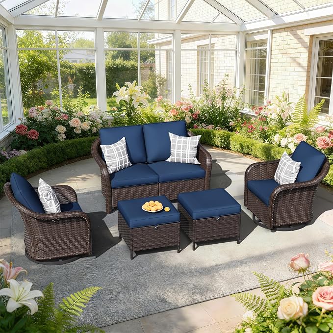5 PCS Outdoor Conversation Set | 55" Couch, 2 Swivel Chairs, 2 Ottomans, Patio Wicker Conversation Furniture with Removable Cushions for Bistro, Deck, Sunroom (Navy Blue)
