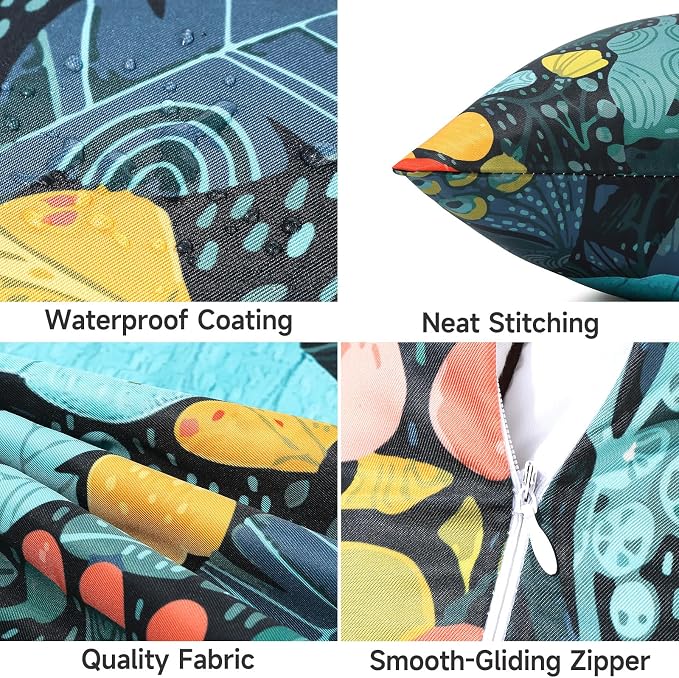 Outdoor Pillow Covers Waterproof Cushion Covers Patio Pillows Case 2 Pack | 18x18inch,Printed Boho Flowers,Seamless,Hidden Zipper,Machine Washable,Perfect decoration for Porch,Patio,Balcony
