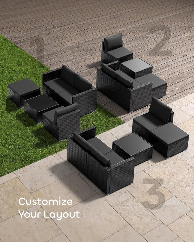 Skyfish Patio Furniture Set - Wide Armrests - All-Weather 5 Piece Outdoor Wicker Sectional Couch with Chaise Lounge,Couch Conversation Set, PE Rattan Sofa for Backyard Porch Poolside Black/Medium Gray