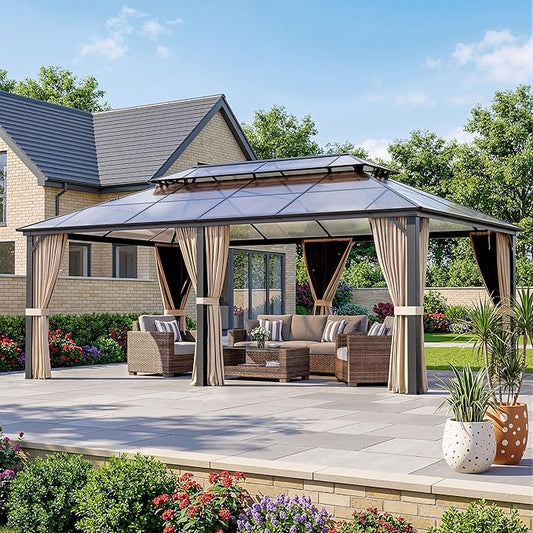 12'x20' Hardtop Gazebo, Outdoor Polycarbonate Roof Canopy, Aluminum Frame Permanent Pavilion with Curtains and Netting, Sunshade for Garden, Patio, Lawns