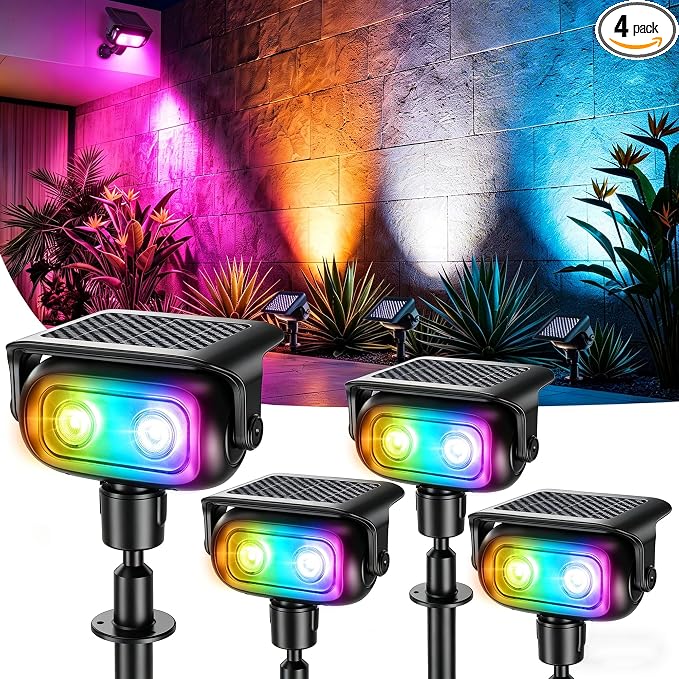 Brizled Solar Spot Lights Outdoor Color Changing 4 Pack Landscape Spotlight | RGB 9 Color 11 Mode; 360° Rotation; Waterproof; Stake/ Wall Mounted LED Uplights for Outside Halloween Xmas Yard Tree Garden