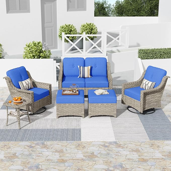 HOOOWOOO 6 Piece Patio Furniture Conversation Sets with Swivel Rocking Chairs,Outdoor Wicker Furniture with Ottoman,All Weather Resistant High Back Rattan Conversational Set(Navy Blue)