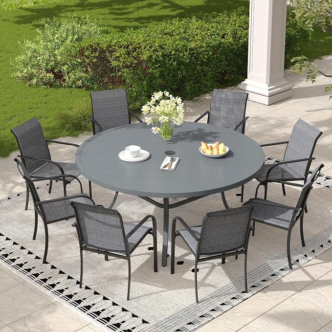 Patio Table and Chairs Set for 8, Outdoor Dining Set with 8 Stackable Dining Chairs and 53" x 53" Metal Slatted Round Dining Table for Porch, Deck, Lawn, Garden, Grey & Dark Grey