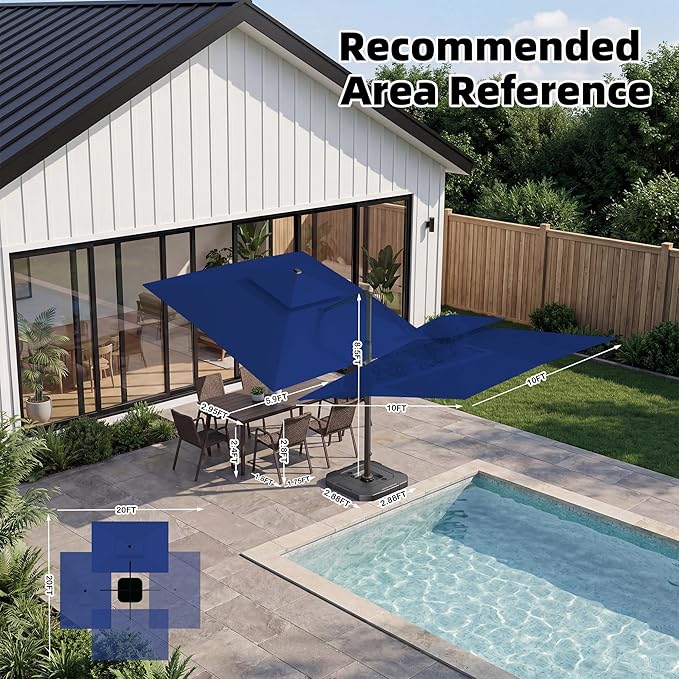 10x10 FT Cantilever Patio Umbrella Double Top Outdoor Square Large Heavy Duty Aluminum Offset Umbrellas with 7 Level Tilt 360-degree Rotation for Pool Garden Deck, Deep Navy
