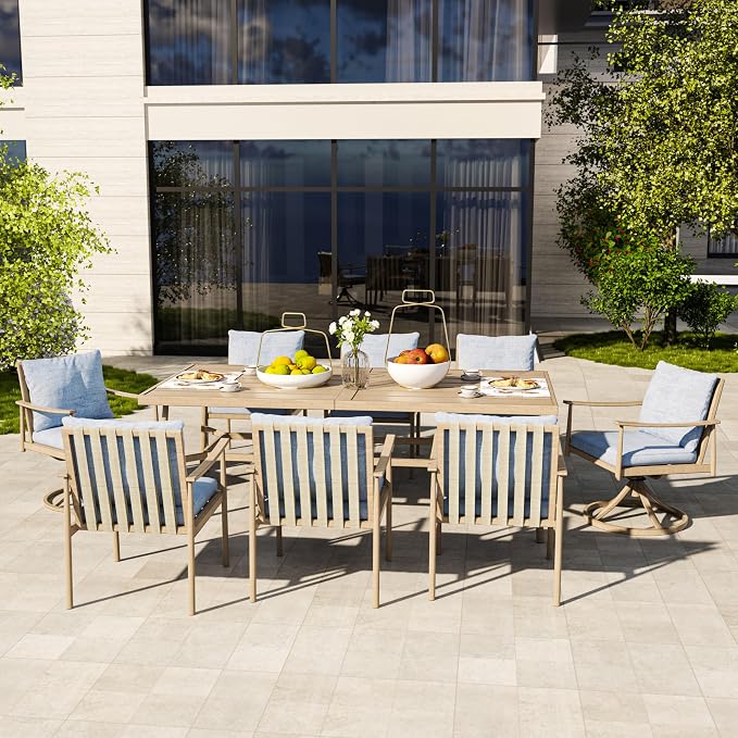 HAPPATIO 9-Piece Patio Table and Chairs Set for 8, Aluminum Outdoor Dining Set with Cushions, 6 Dining Chairs and 2 Swivel Chairs, 1 Large Rectangular Table with Umbrella Hole, Brown