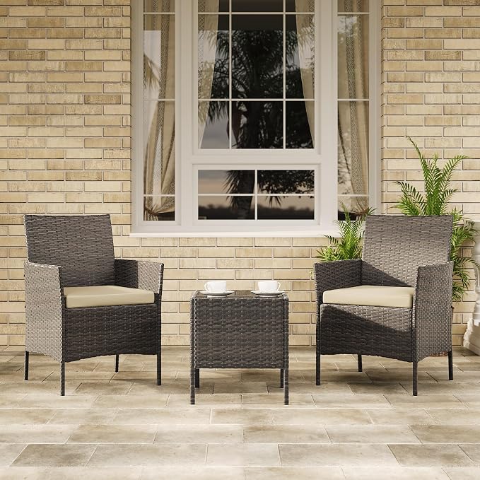 3-Piece Outdoor Furniture Set, PE Rattan Wicker Chairs with Soft Cushions & Tempered Glass Coffee Table - All-Weather Patio Set for Garden, Backyard, Porch, Poolside (Brown/Beige)