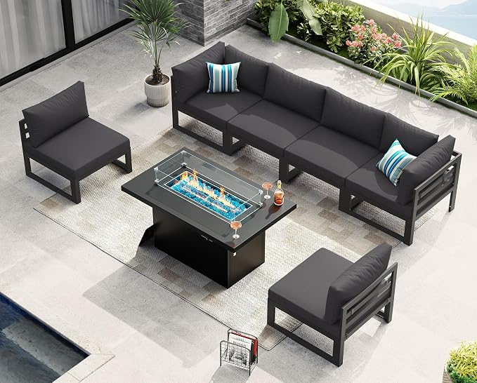 NICESOUL 7 Piece Modern Aluminum Outdoor Furniture Set with Fire Pit Propane/Gas, 29 inch Deep Wide Seat, All Weather Patio Conversation Set, L Shaped Modular Sectional Sofa for Backyard, Dark Gray