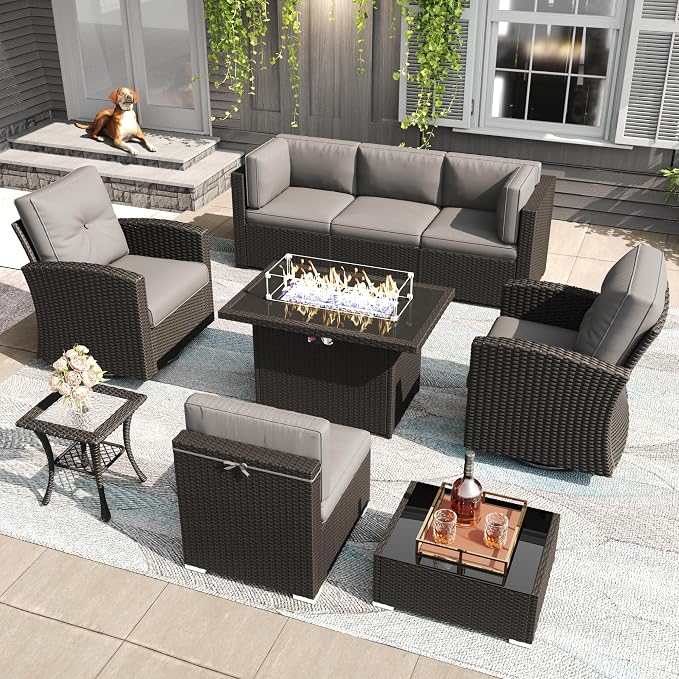 LayinSun 9 Pieces Patio Furniture Set with Fire Pit Table, Black Rattan Modular Sectional Outdoor Conversation Sofa Set, Swivel Rocking Chairs Set
