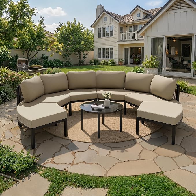 Crestlive Curved Patio Furniture Set, Modular Half Moon 6-Seater Sofa with Round Coffee Table, Aluminum Outdoor Sectional with 4.3" Cushions, All-Weather Couch for Backyard, Deck, Porch, Poolside