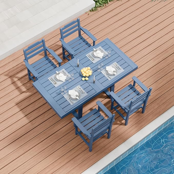 K Knowbody 5-Piece Outdoor Patio Dining Table and Chairs Set, Seats 4 | Steel-Reinforced HDPE, 100 lb/sq ft Load Capacity, 2-Inch Umbrella-Ready Tables, All-Weather, Fade-Resistant, Navy Blue