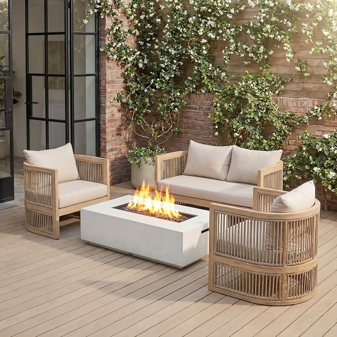 Christopher Knight Home 4-Piece Acacia Wood Patio Furniture Set, Mid-Century Modern Outdoor Conversation Set with Loveseat, Curved Club Chairs, Cushions & MgO Fire Pit for Backyard, Light Teak+White