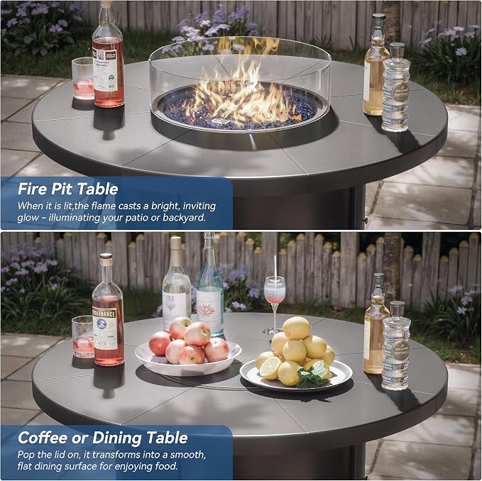 Kurapika 5 Piece Outdoor Conversation Sets, Patio Furniture Set, 4 Textilene Fabric Swivel Chairs and w/48in Propane Round Fire Pit Table for Deck Garden Backyard Porch,Brown