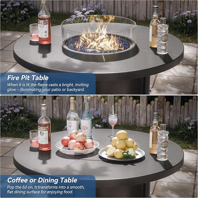 Kurapika 7 Piece Outdoor Conversation Sets, Patio Furniture Set, 6 Textilene Fabric Swivel Chairs and w/48in Propane Round Fire Pit Table for Deck Garden Backyard Porch,Brown