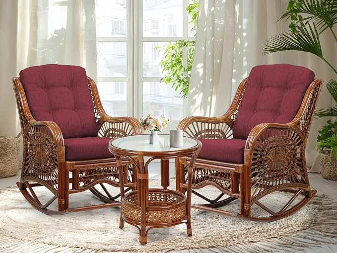 Malibu Handmade Natural Rattan Living Room Set of 2 Rocking Lounge Chairs and Round Coffee Table with Glass, Colonial Color, Dark Brown Cushions