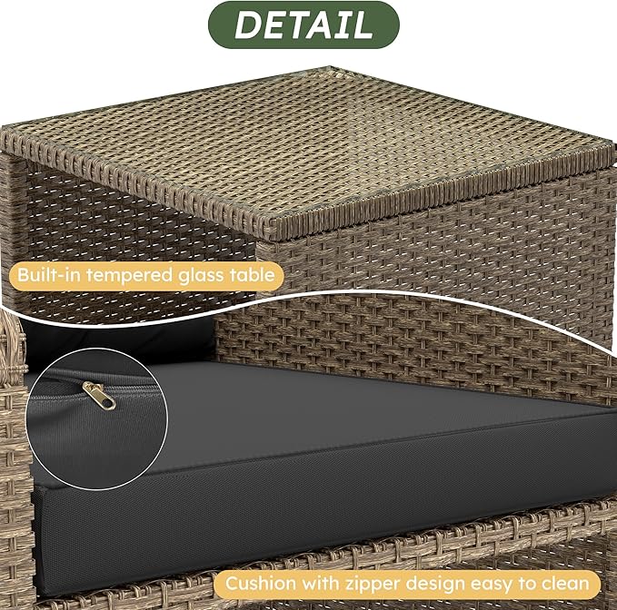 LHBcraft Balcony Furniture 5 Piece Wicker Patio Furniture Set, Outdoor Hand-Woven Rattan Lounge Chairs with Tempered Glass Coffee Table, Ottomans & Soft Cushions for Front Porch, Garden, Black