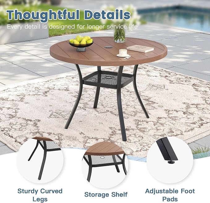 DIFY 5 Piece Outdoor Dining Set, Patio Table and Chairs Set for 4 with Umbrella Hole, 40.6" Walnut Round Dining Table & Stackable Wicker Patio Chairs, Metal Patio Furniture Set for Garden Backyard
