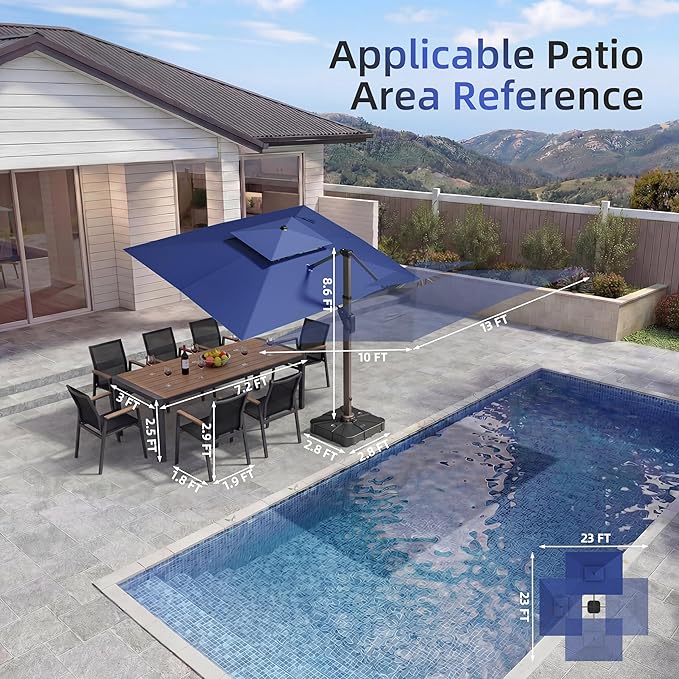 10 X 13 FT Cantilever Patio Umbrella with Base Included & Led Lights Outdoor Rectangle Offset Large Double Top Heavy Duty Umbrellas 360°Rotation for Pool Deck Backyard Garden, Navy