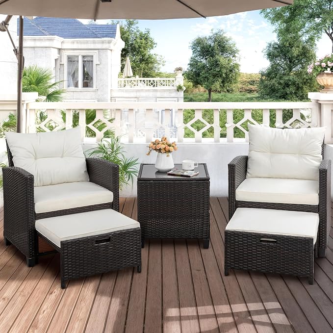 Shintenchi 5 Pieces Patio Furniture Set, Outdoor Wicker Patio Conversation Set with Ottoman, All Weather Rattan Outside Chairs with Coffee Table & Cushion for Porch, Garden, Backyard, Beige