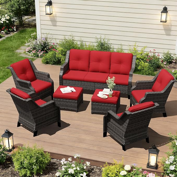 Outdoor Patio Furniture Set, 7 Piece Wicker Patio Furniture with Thick Cushions, Curved Armrest, Deep Seating, Rattan Outdoor Chairs for Porch, Deck, Balcony