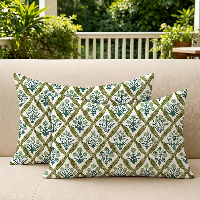 Allorry Floral Outdoor Pillow Covers 12x20 Green Outdoor Waterproof Decor | Set of 2 Vintage Floral Block Print Pillow Cover,Farmhouse Boho Decorative for Spring Summer Outdoor Sofa Bedroom Decor