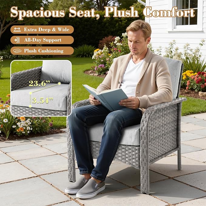 2 Pieces Patio Furniture Set, Two Single Chair Outdoor Furniture, All-Weather Rattan Wicker High Back Conversation Set of 2 for Small Space Porch, Backyard, Balcony, Grey