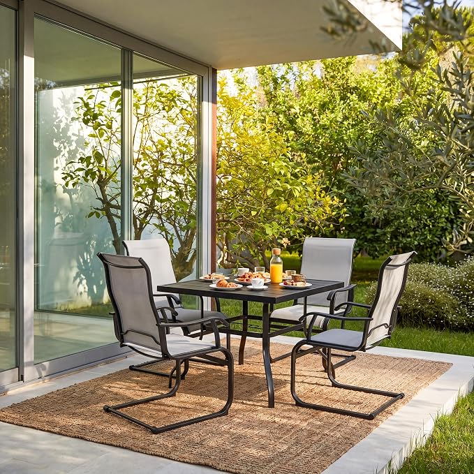 NUU GARDEN 5 Piece Patio Dining Set for 4 with C-Spring Chairs | Square table with umbrella hole and 4 breathable Textilene chairs featuring gentle C-spring motion and high-back support.