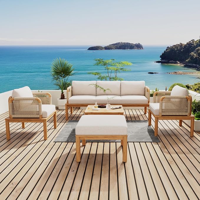 Merax Outdoor 5-Piece Acacia Wood & Rope Patio Sofa Set with Ottoman & Table, Water-Repellent Cushions, for Garden & Patio