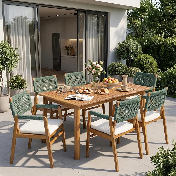 Christopher Knight Home Sky Acacia Wood Dining Table Set for 6, 7 Piece Patio Extendable Dining Table and Dining Chairs Set of 6 with Cushions & Rope Accents, Patio Furniture Set, Teak+Beige+Green