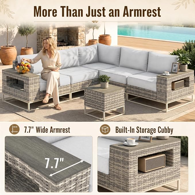 6-Piece Outdoor Patio Furniture Set, Gray PE Wicker Outdoor Sectional Sofa with Storage Armrests & 5.5" Thick Cushions, L-Shaped Couch for Deck, Porch, Backyard, Ivory White