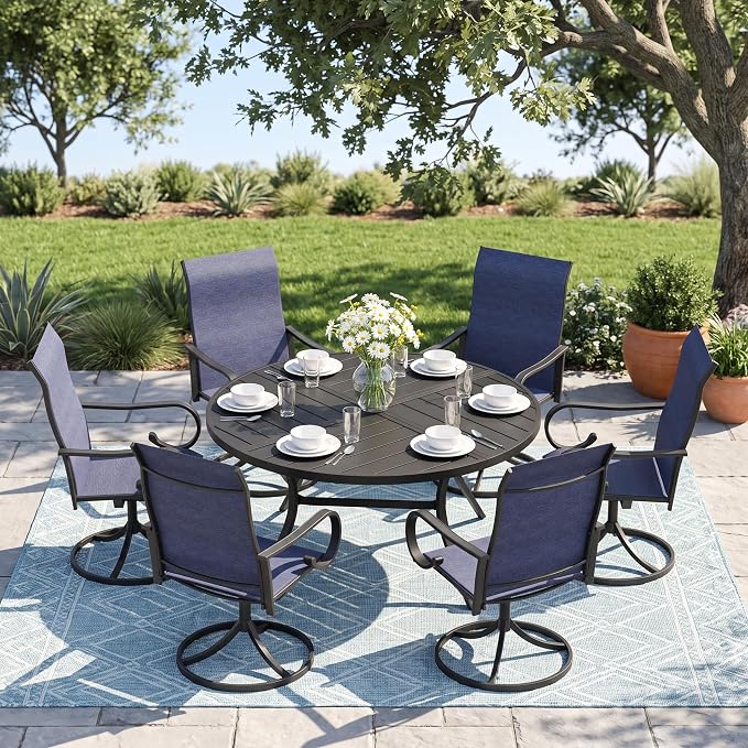 7 Pieces Patio Dining Set, 6 Outdoor Swivel Dining Chairs with 50.1" Round Metal Outdoor Dining Table with Umbrella Hole for Garden Backyard Deck, Dark Blue & Black