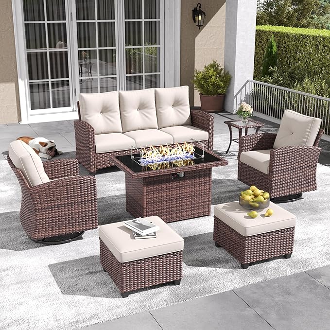 LayinSun 7 Pieces Patio Furniture Set with Swivel Chairs, Rattan Wicker Rocking Glide Chairs with 44" Propane Gas Fire Pit Table Conversation Set