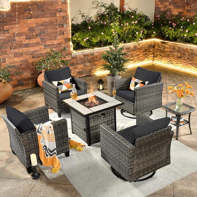 ovios 6 Pieces Patio Furniture Set, Outdoor Wicker Rattan Swivel Chairs with 30" Fire Pit Table, High Back Rocking Glider Chair Conversation Sets for Porch Deck, Black