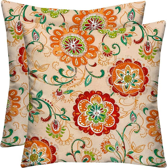 Square Throw Pillows Set of 2, 17x17 Inch Decorative Pillows for Couch, Water-Resistant Patio Furniture Pillows, All-Weather Spun Fabric, Fanfare Sonoma Cream - Made in USA