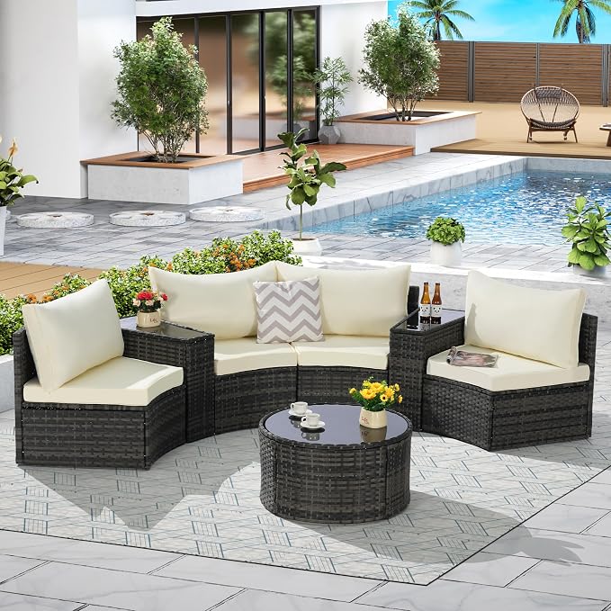 Eafurn 7 Pieces Outdoor Patio Conversation Furniture Sets All Weather Wicker PE Rattan Half-Moon Curved Sectional Sofa with Round Coffee Table, 4 Pillows & Waterproof Cover for Backyard