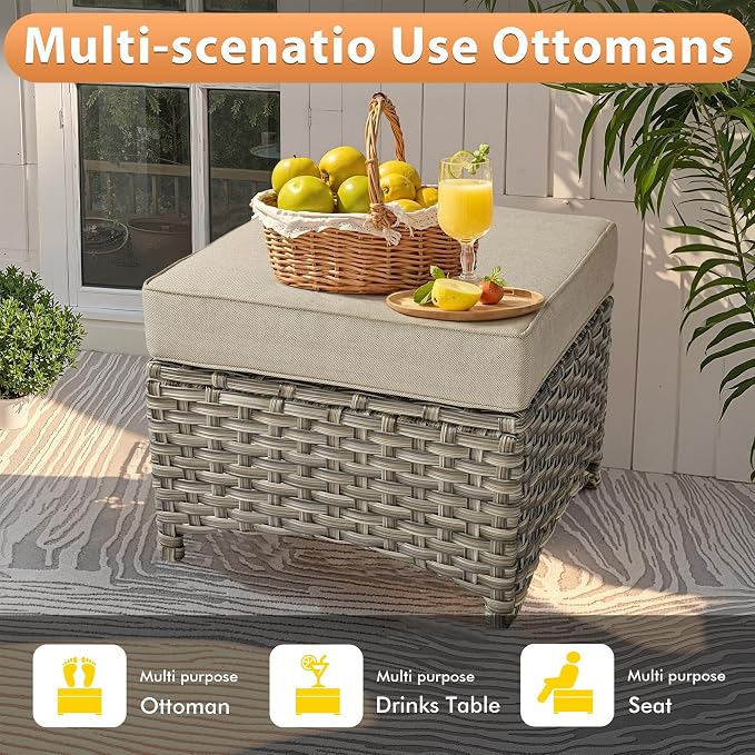 8 PCS Outdoor Patio Furniture Sets,Patio Conversation Sets Outside Rattan Soft Cushion Sofa with 2 Wicker Rocking Chairs Soft Cushion Fit Backyard Porch Garden Poolside Balcony,Beige