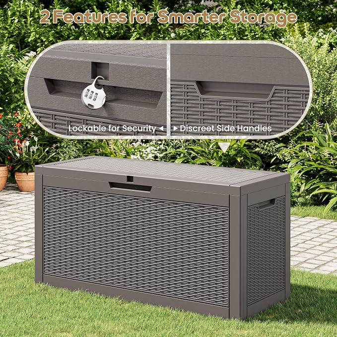 Outdoor Storage Box, 72 Gallon Resin Deck Boxes Outdoor Waterproof For Patio Furniture, Garden Tools, Pool Supplies, Lockable And UV Resistant (Rattan Gray)