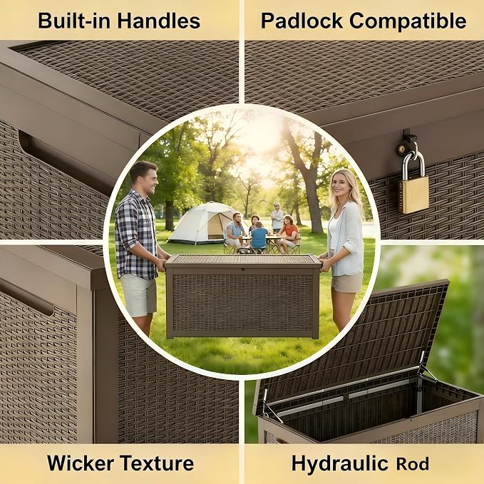 328 Gallon Waterproof Outdoor Storage Box, Heavy Duty Resin Deck Box Lockable, Large Outside Patio Storage Bench for Garden Tools & Pool Accessories,Hydraulic Lift, All-Season UV-Resistant, Gray Brown