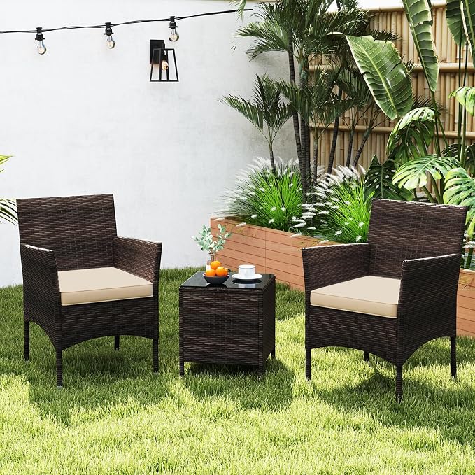 RELAX4LIFE 3-Piece Patio Furniture Set - Rattan Wicker Outdoor Conversation Set w/Cushions & Glass Coffee Table, Balcony Furniture for Porch Garden Backyard, Bistro Table and Chairs Set of 2 (Beige)