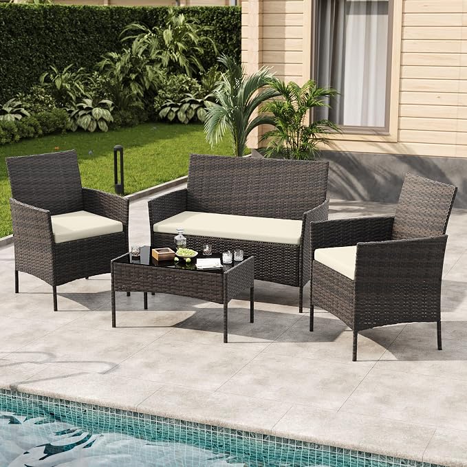 4-Piece Outdoor Furniture Set, PE Rattan Wicker Chairs with Soft Cushions & Tempered Glass Coffee Table - All-Weather Patio Set for Garden, Backyard, Porch, Poolside (Brown/Beige)