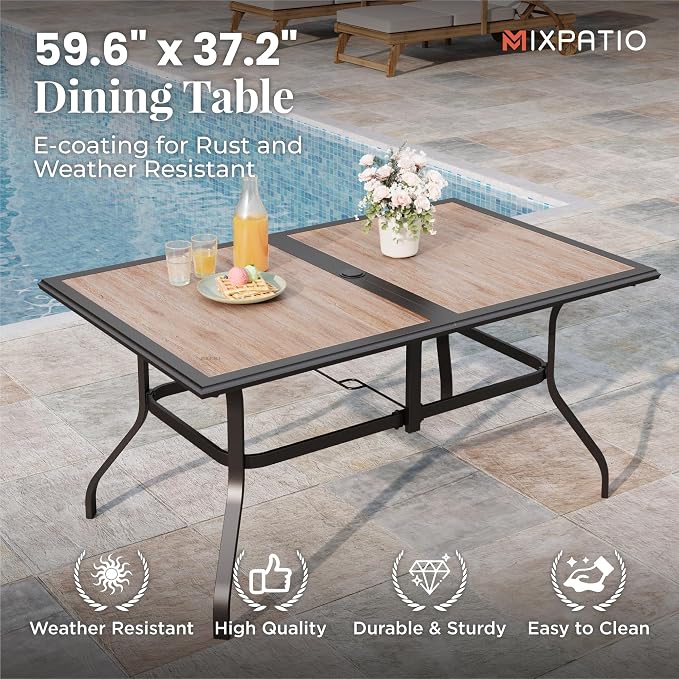 MIXPATIO 7 Pieces Patio Table and Chairs Set, Outdoor Dining Furniture Set for 6, 6 Red Textilene Chairs and 61" Wood-Like Table Top with Umbrella Hole, for Deck Backyard Lawn