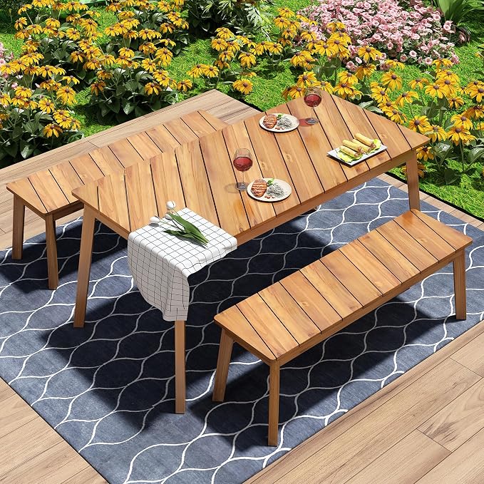 LUMISOL 3 Pieces Outdoor Dining Table Set, Acacia Wood Dining Table Set with 2 Benches for 4 Persons, Picnic Beer Table for Patio, Porch, Garden, Poolside, Natural