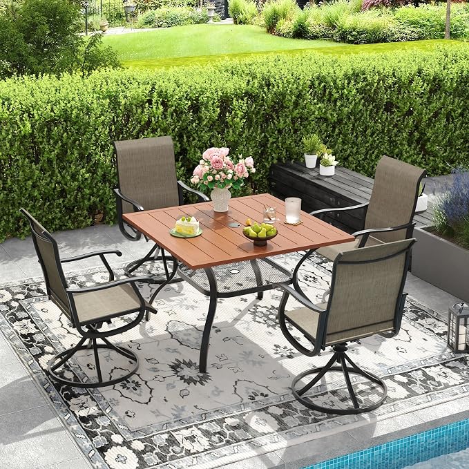 DIFY Patio Table and Chairs Set for 4, 5 Piece Outdoor Dining Set, 37.8" Walnut Square Metal Dining Table with Umbrella Hole and 4 Brown Textilene Swivel Patio Chairs, for Garden Backyard Deck