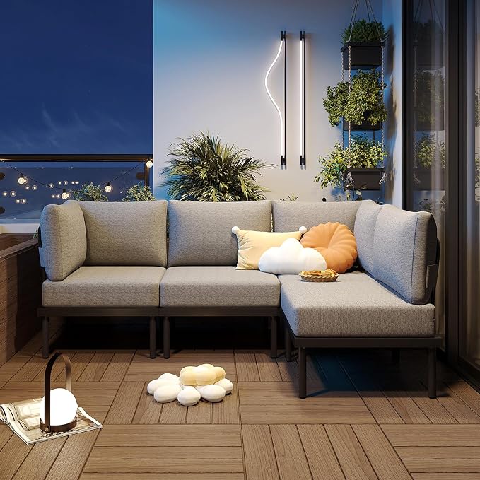 Sundale Outdoor 4 Pieces Patio Furniture Set, Metal Sectional Sofa Patio Conversation Set with 6 Inch Cushions, Modern Patio Corner Couch for Balcony, Porch, Sunroom (Grey/Dark Grey)