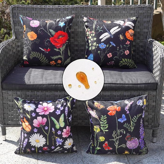ONWAY Outdoor Waterproof Spring Summer Pillow Covers 18x18 Inch Set of 4 Floral Farmhouse Throw Pillows Decorative Cushion Cases for Outdoor Couch Sofa Patio Furniture Home Decoration Black