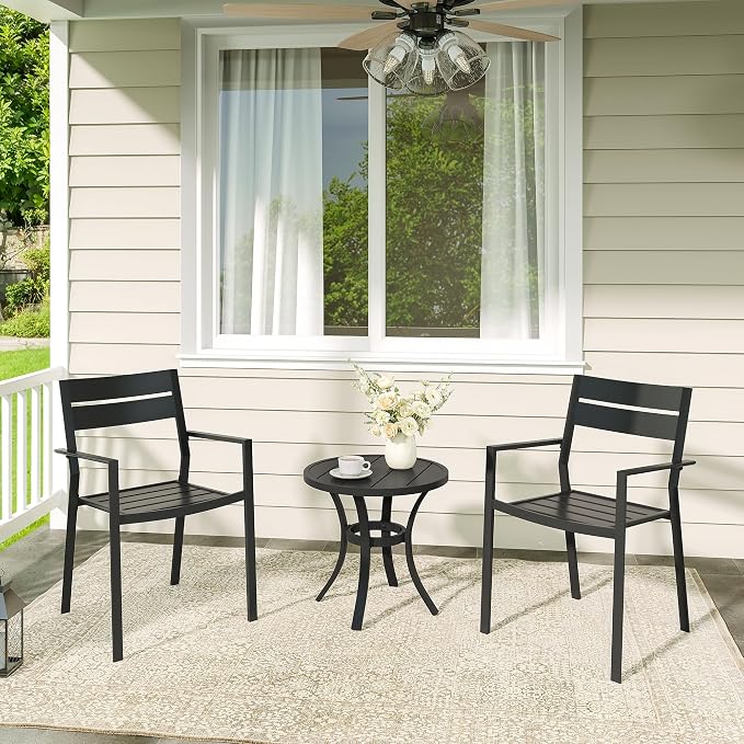 VICLLAX Patio 3 Pieces Outdoor Bistro Side Table Dining Set, Small Patio End Table Round Coffee Table and 2 Stackable Metal Chairs for Lawn,Garden,Porch,Black/Brown